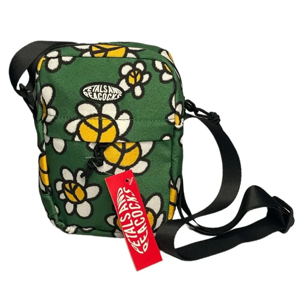 Petals and Peacocks Flowers and Peace Sign Crossbody Camera Bag Green